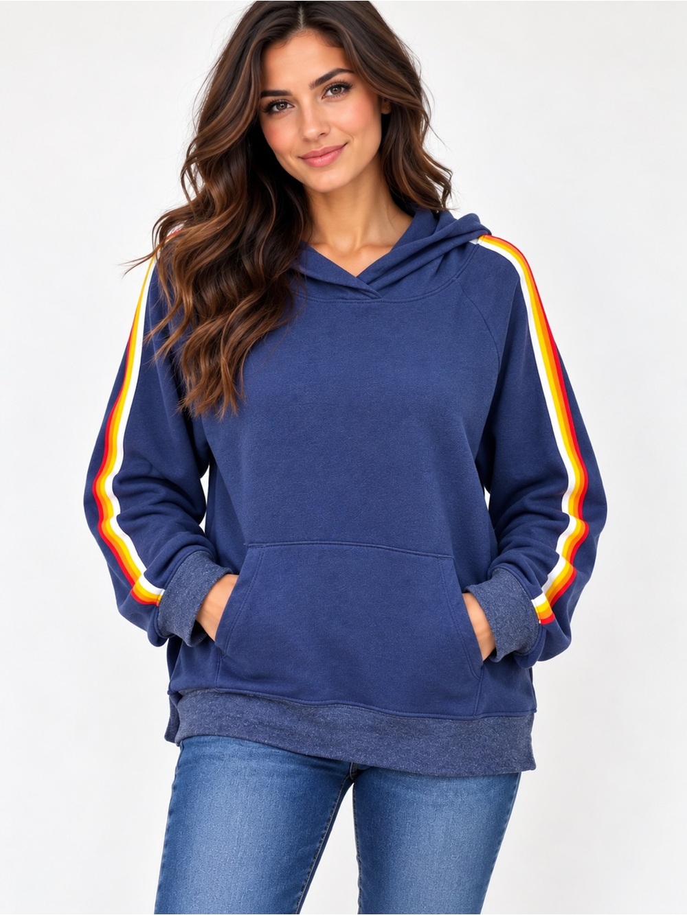 NWT Old Navy Women’s XL Navy Blue Rainbow Stripe Hoodie Pullover